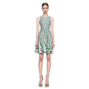 $635 ISSA Jacquard Palm Print Knit Dress Fit Flare Green Pink Skater S 0 2  4